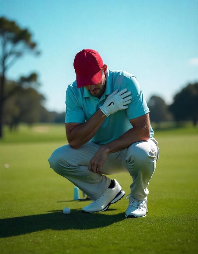 A man in a blue shirt and red hat is squatting on a golf course