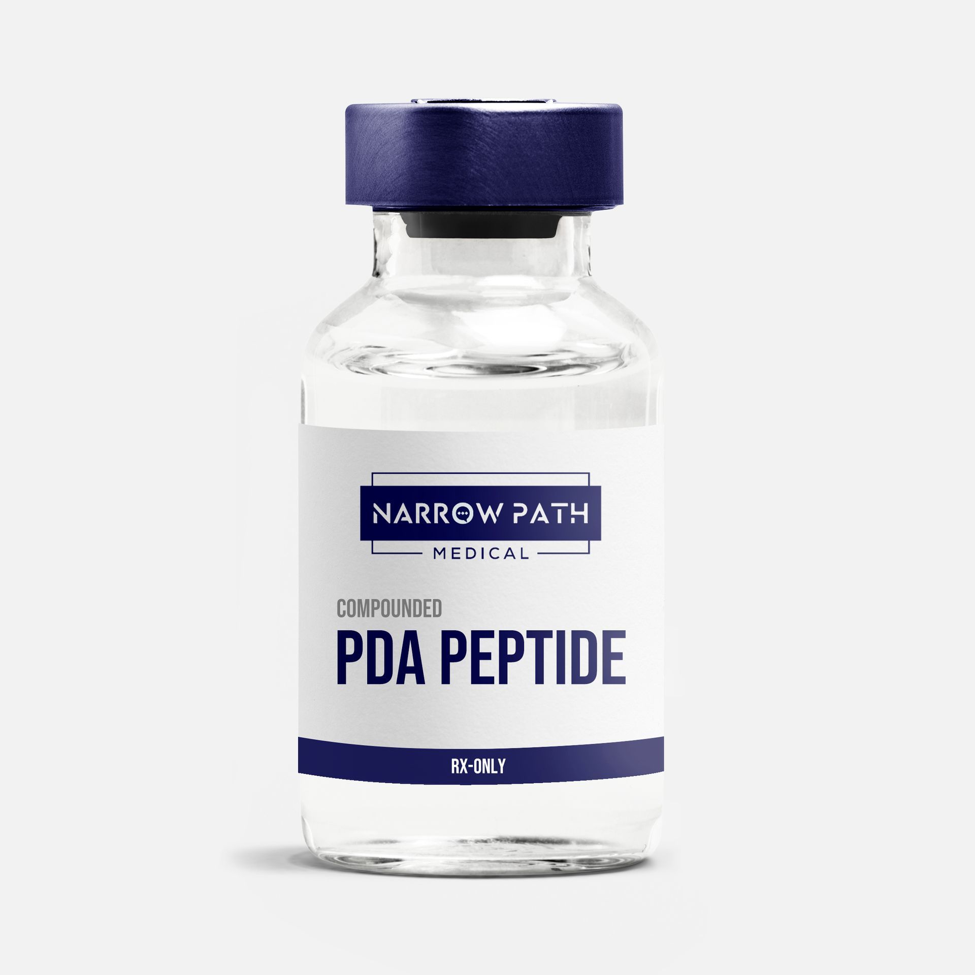 A bottle of pda peptide is on a white background.