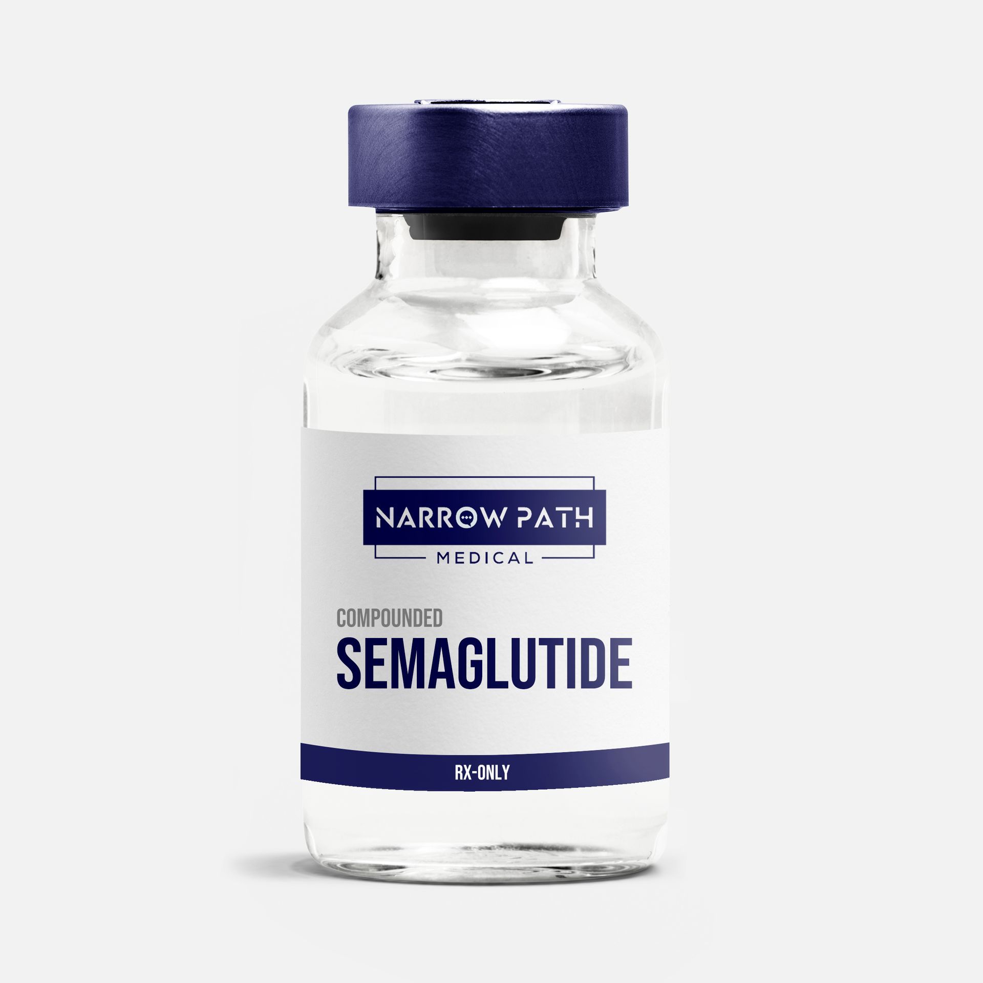 A bottle of semaglutide is on a white background.