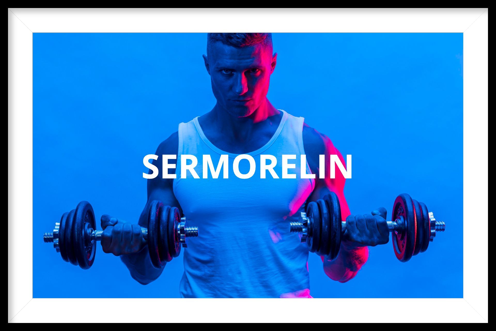 A man is lifting dumbbells in front of a blue background.