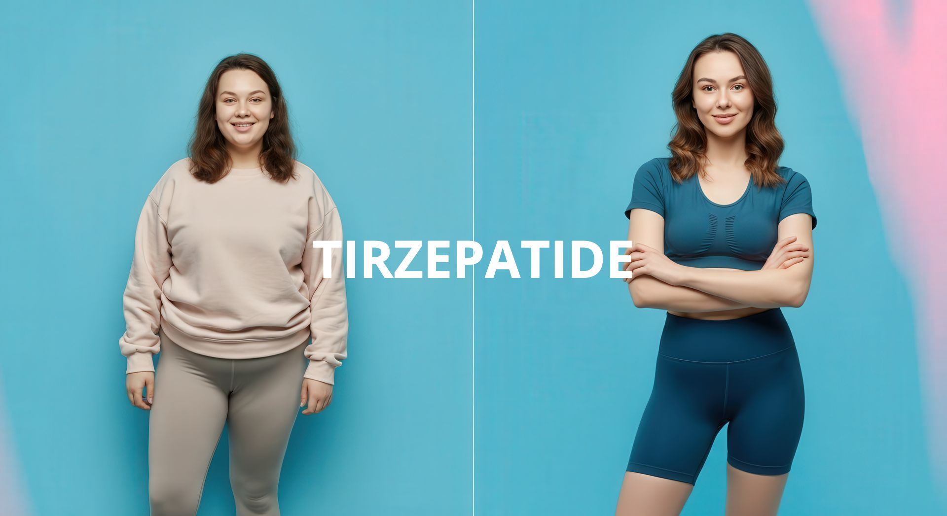A before and after picture of a woman standing next to each other on a blue background.