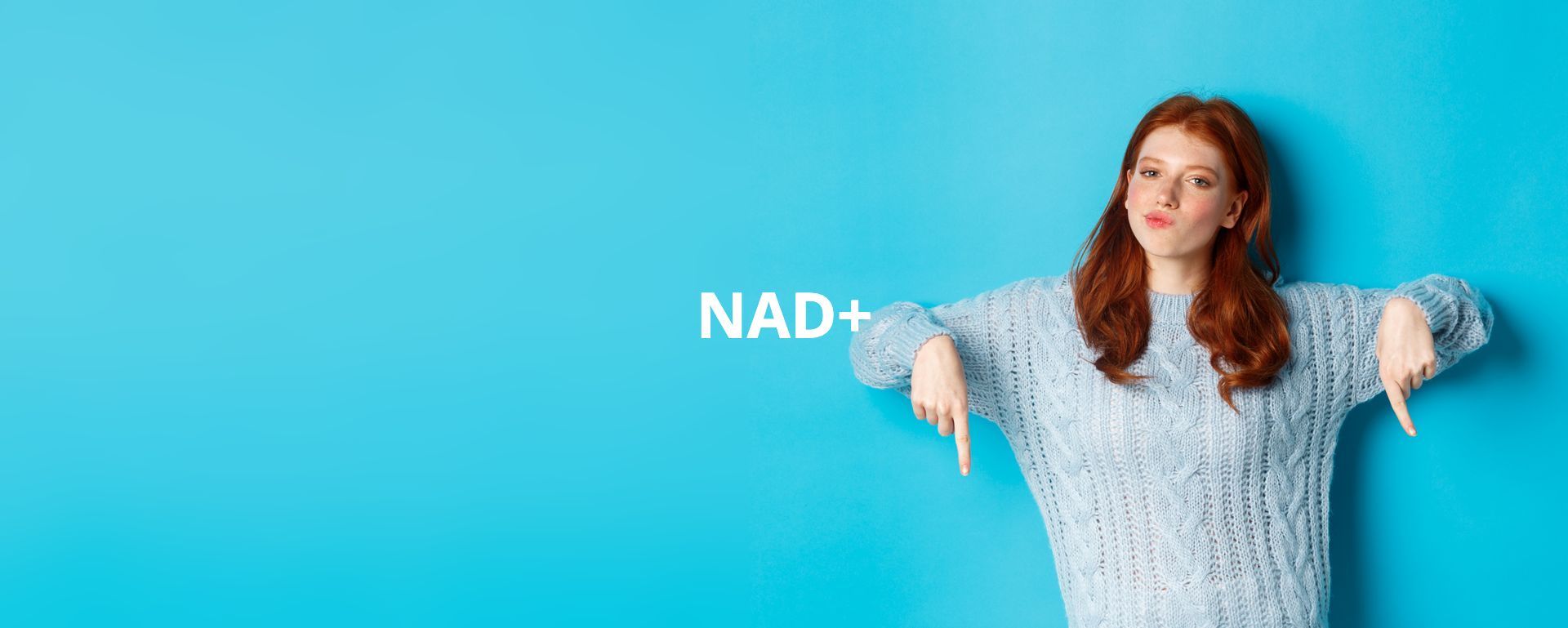 A woman in a sweater is pointing at herself on a blue background.