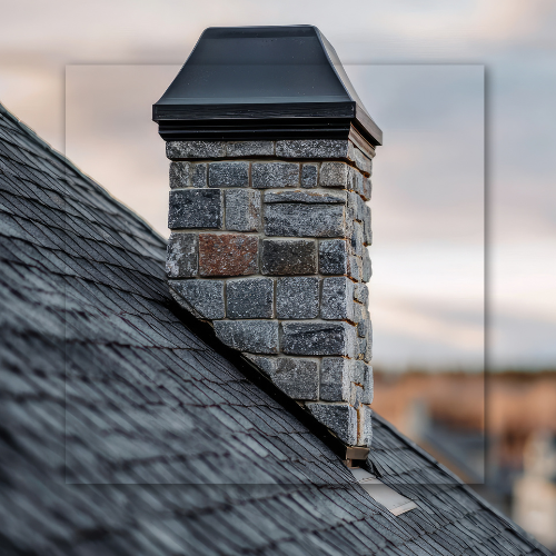 Chimney of stone brick on a shingled roof, dark cap, cloudy sky background.