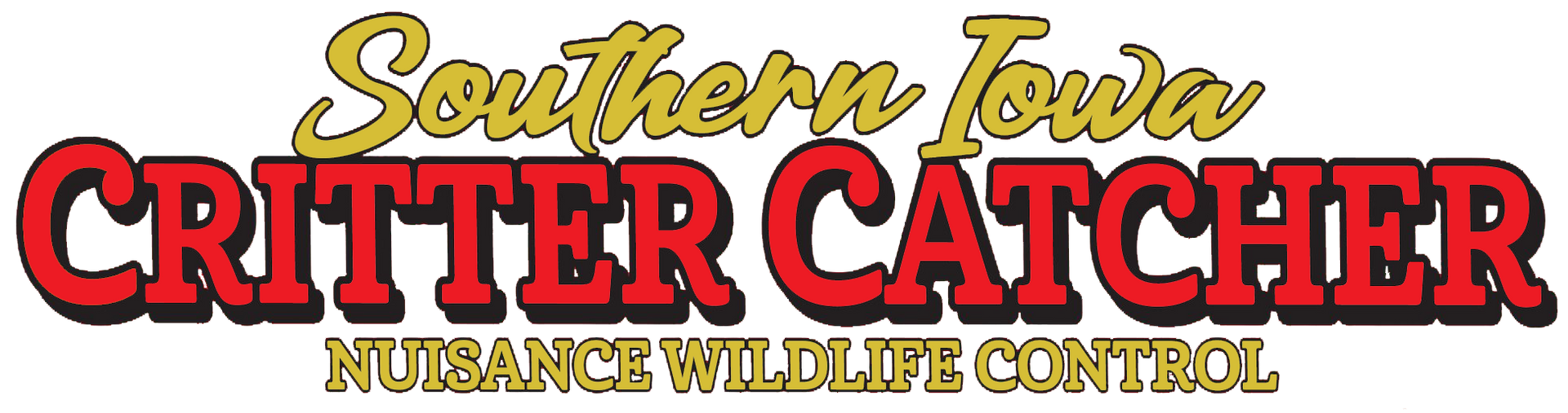 Logo for Southern Iowa Critter Catcher, red and gold text on white. Nuisance Wildlife Control.