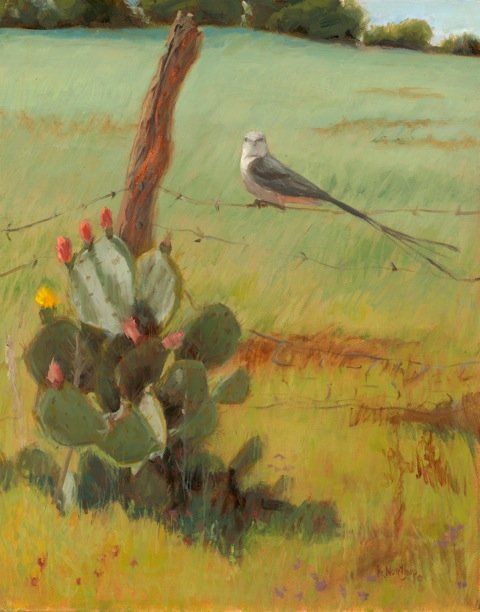 Oil Painting of Scissortail bird and cactus in Spring in the Texas Hill Country by Kay northup