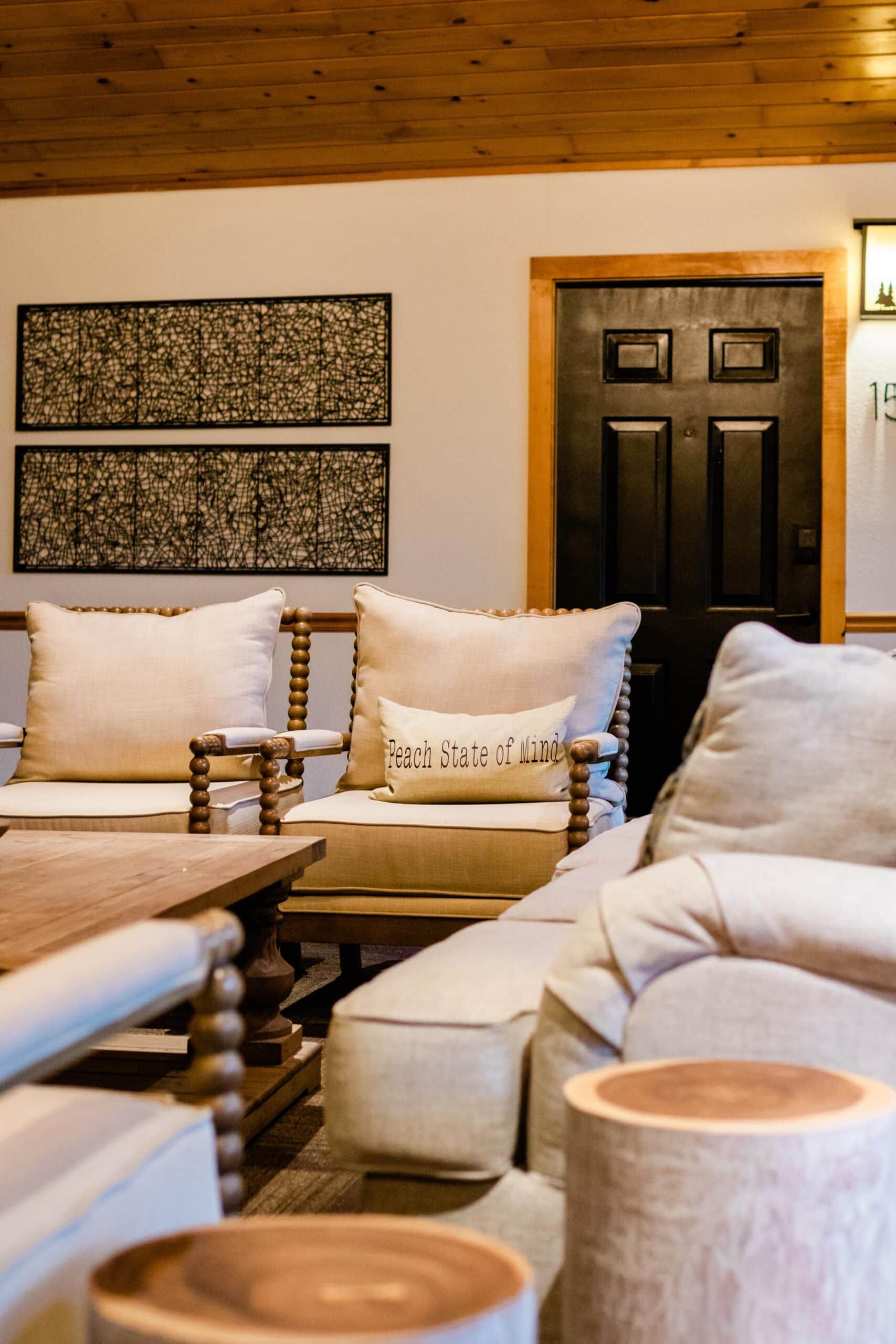 A living room filled with furniture and a black door.