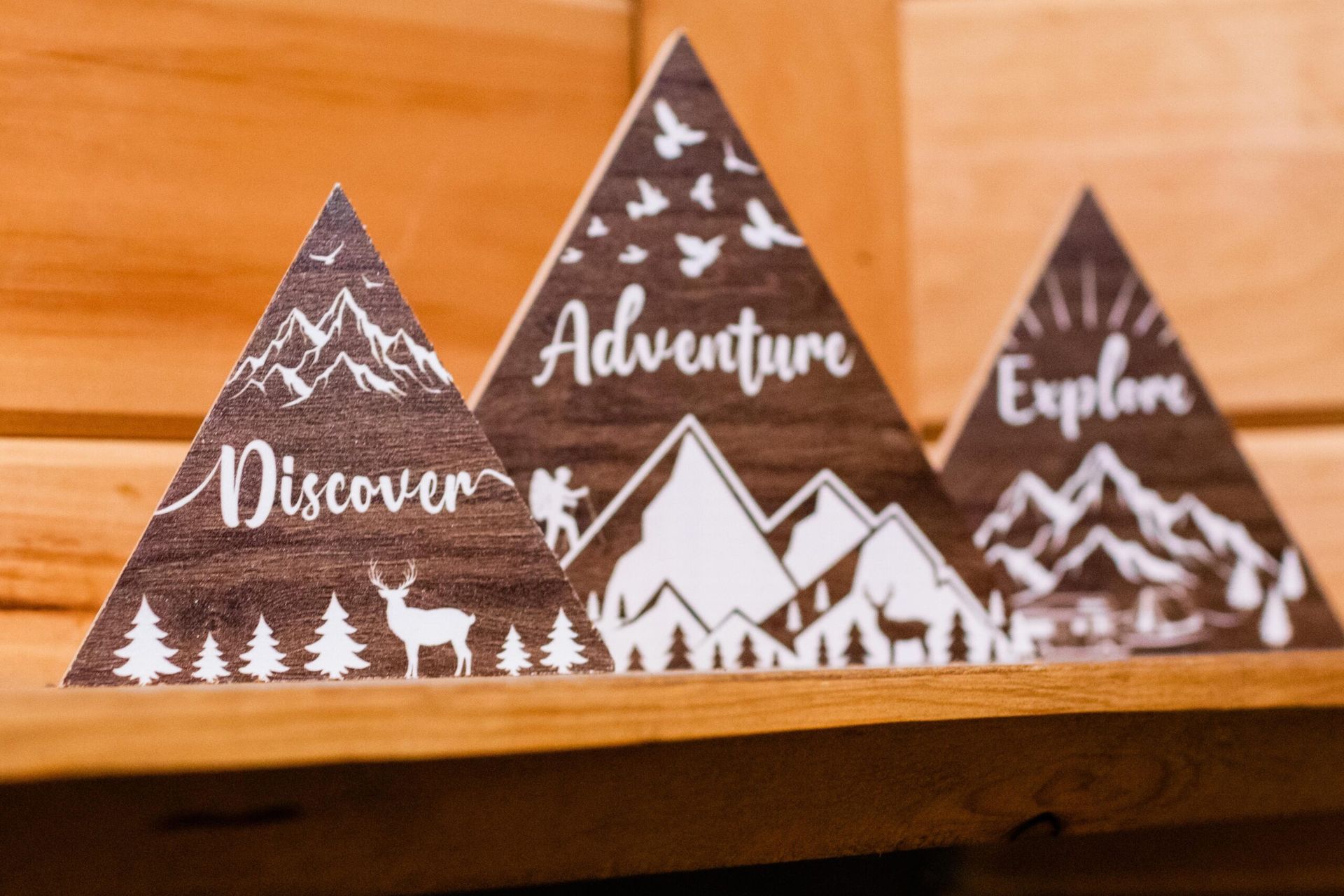 Three wooden triangles with the words adventure discover and explore on them