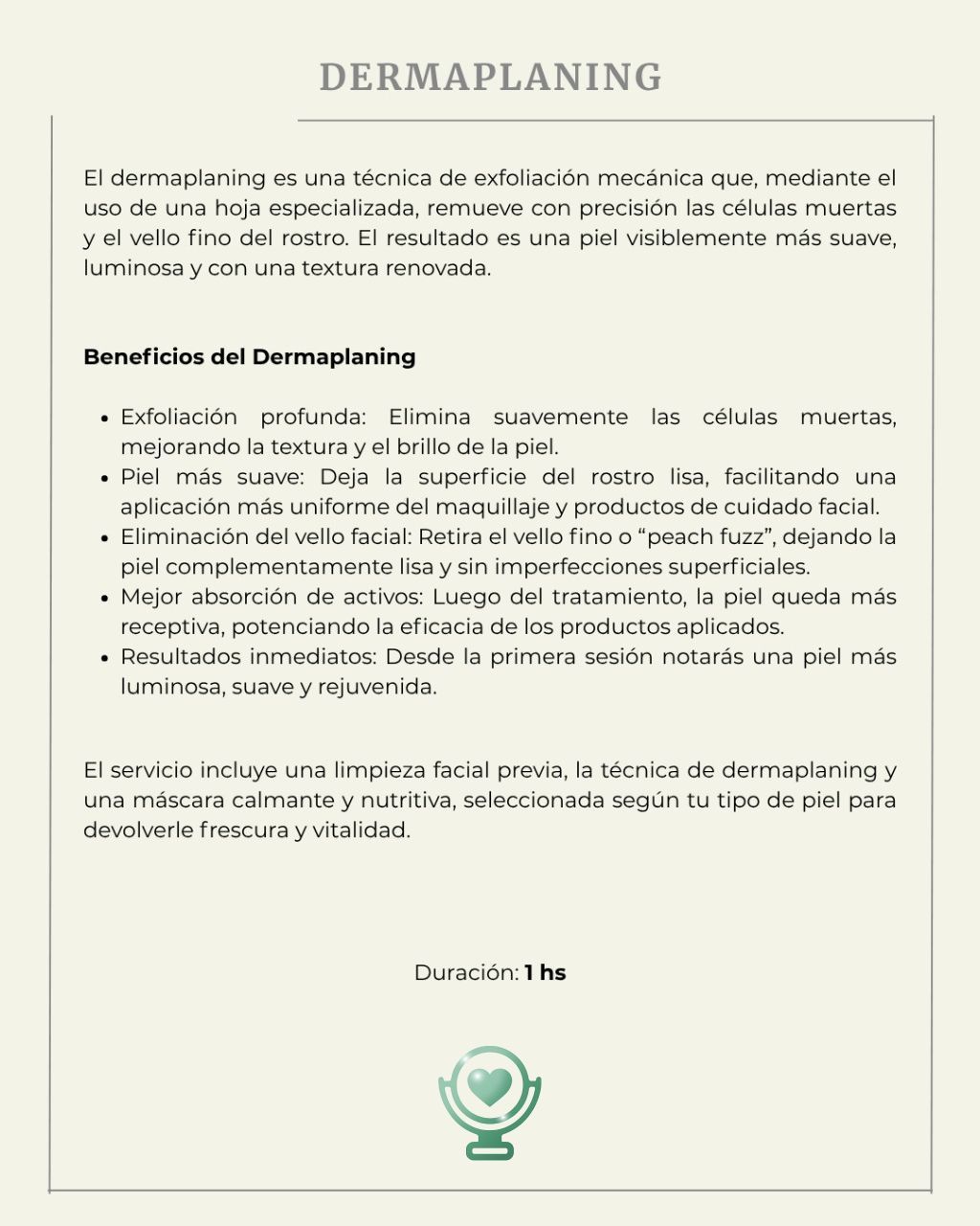 Texto sobre dermaplaning, que describe beneficios como la exfoliación, la depilación y el rejuvenecimiento de la piel.
