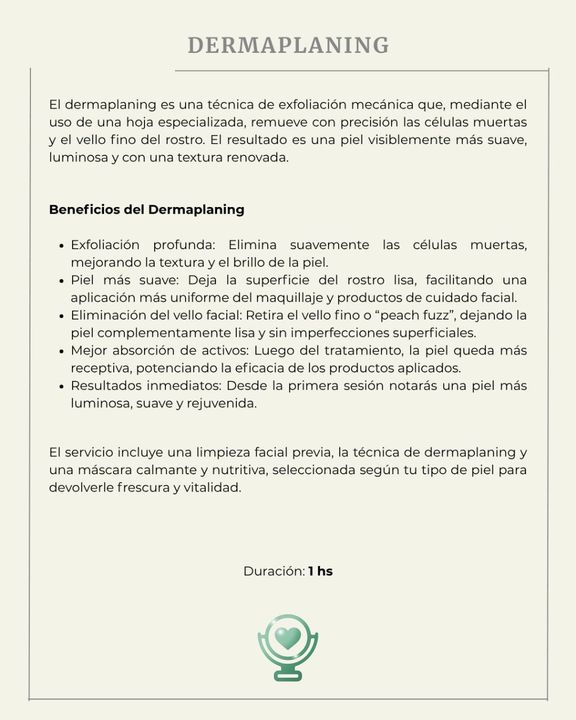 Texto sobre dermaplaning, que describe beneficios como la exfoliación, la depilación y el rejuvenecimiento de la piel.