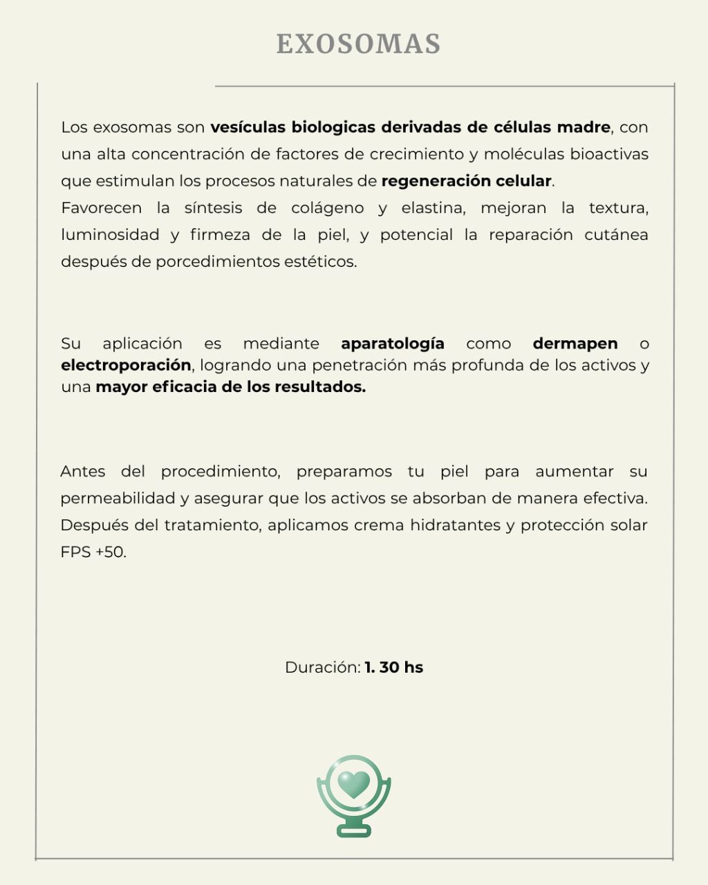 Texto sobre exosomas, centrado en sus beneficios para el cuidado de la piel, con un pequeño icono de corazón debajo.