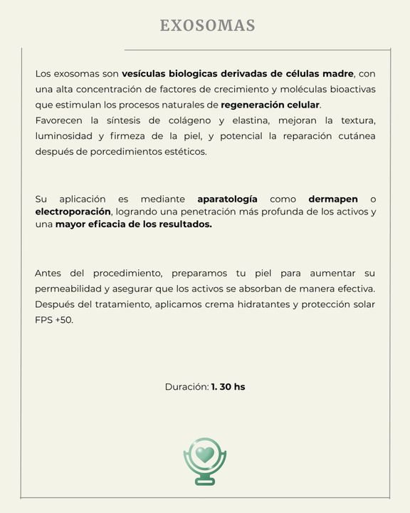 Texto sobre exosomas, centrado en sus beneficios para el cuidado de la piel, con un pequeño icono de corazón debajo.