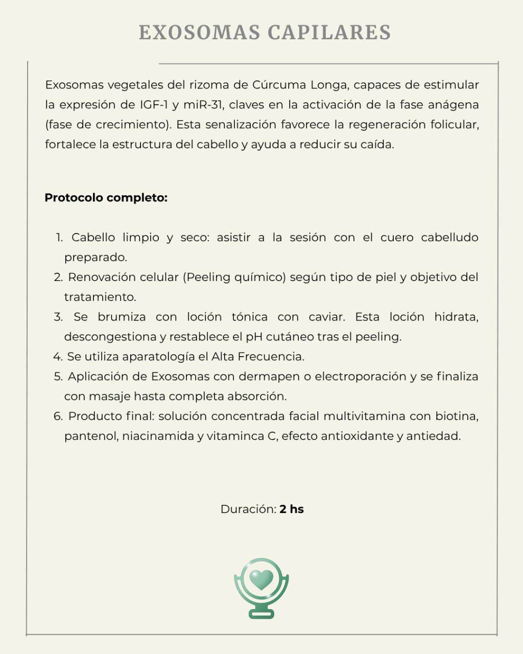 Texto sobre exosomas capilares, pasos del tratamiento y un logotipo en forma de corazón.