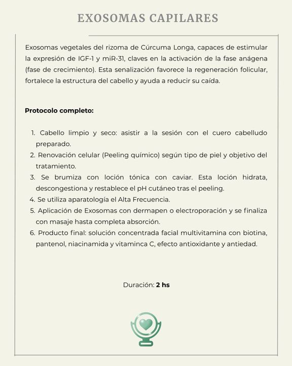 Texto sobre exosomas capilares, pasos del tratamiento y un logotipo en forma de corazón.
