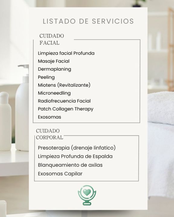 Menú de servicios de spa con tratamientos faciales y corporales.