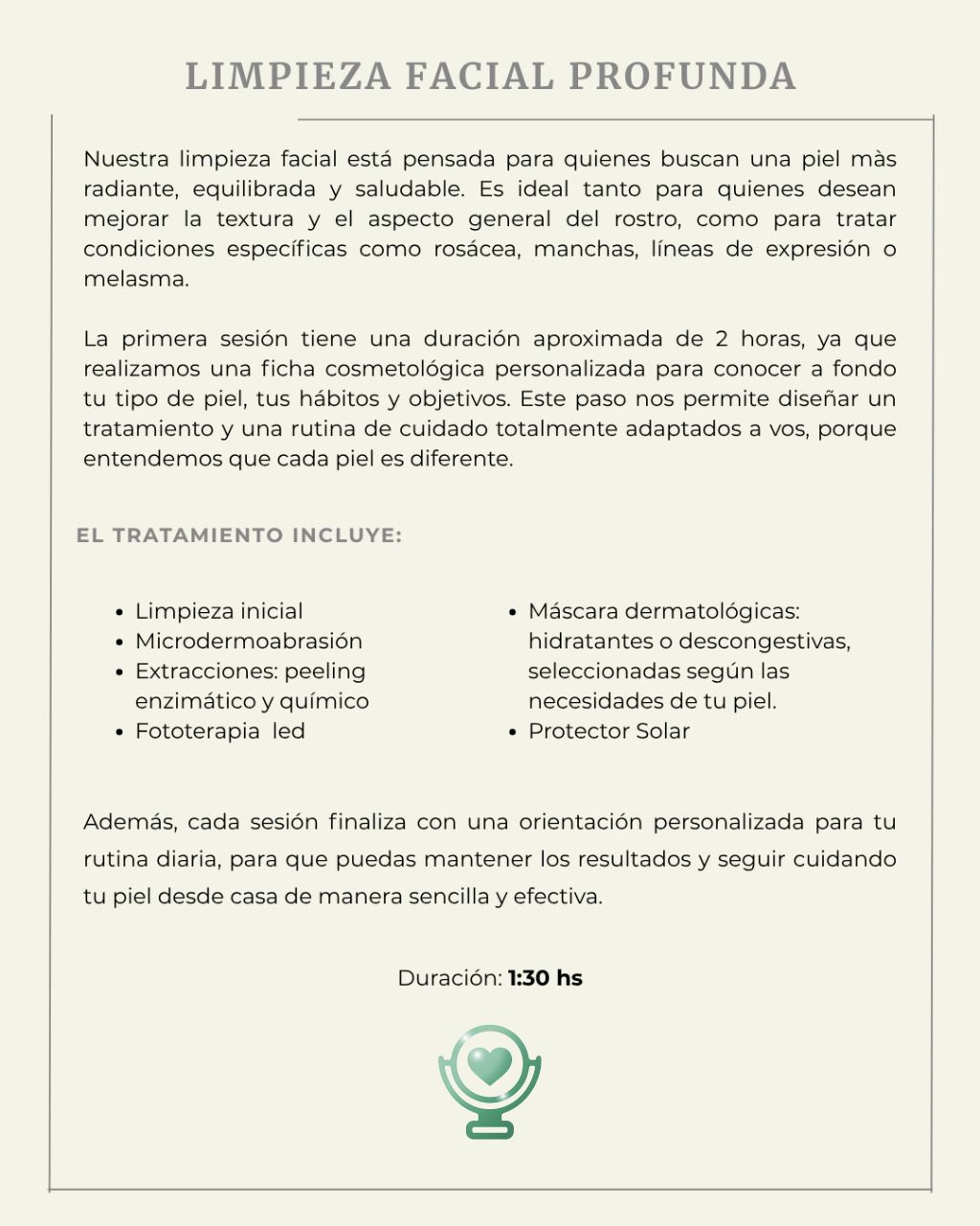 Folleto promocional para un tratamiento de limpieza facial profunda con una lista de los procedimientos incluidos.