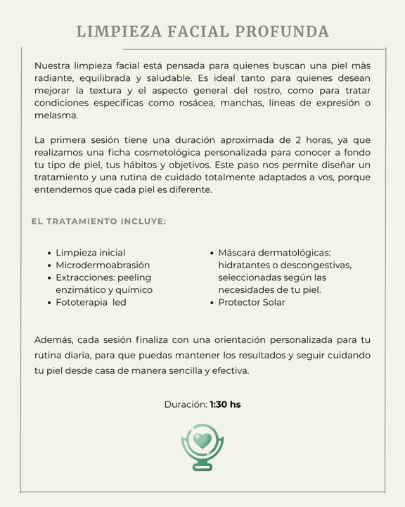 Folleto promocional para un tratamiento de limpieza facial profunda con una lista de los procedimientos incluidos.