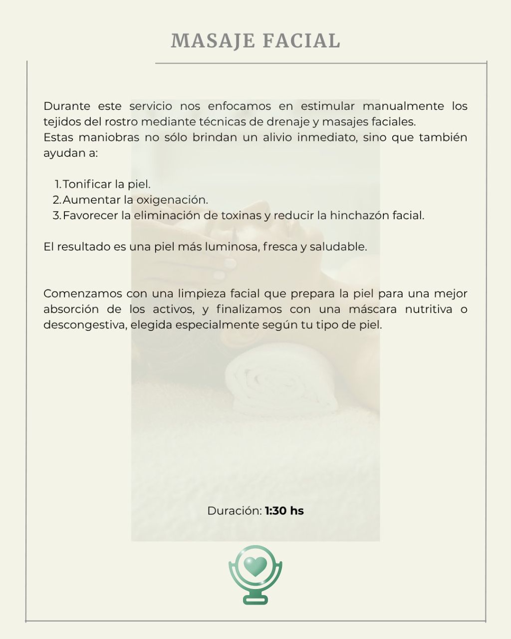 Menú de spa para un masaje facial con descripciones de texto y duración.