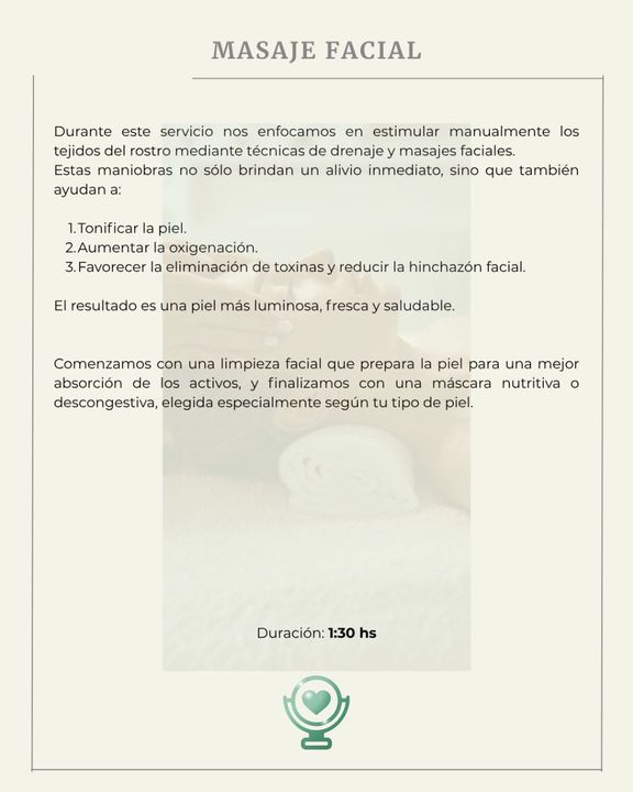 Menú de spa para un masaje facial con descripciones de texto y duración.