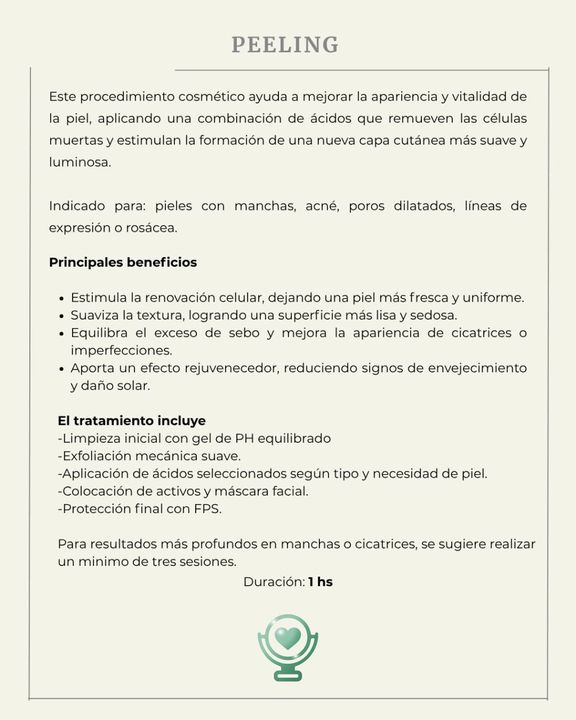 Texto sobre un tratamiento de peeling; enumera los beneficios y los pasos, con una duración de 1 hora.