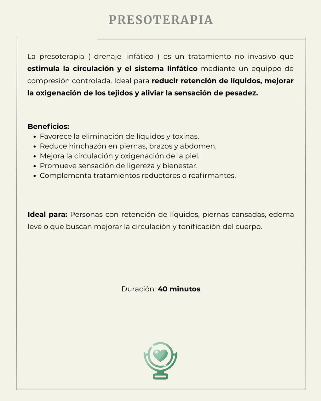 Folleto informativo sobre la presoterapia, un tratamiento para mejorar la circulación y reducir la retención de líquidos.