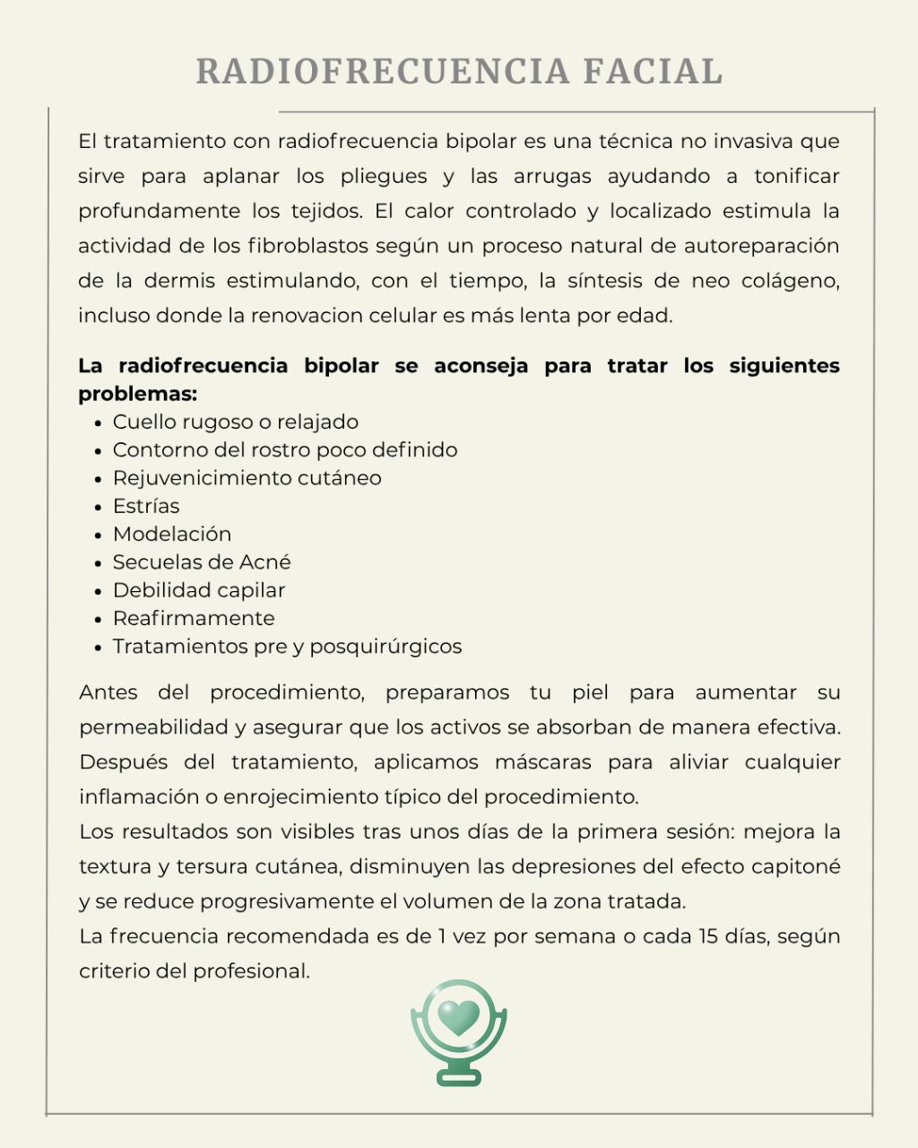Folleto promocional de tratamientos faciales con radiofrecuencia. Enumera los beneficios y los detalles del procedimiento.