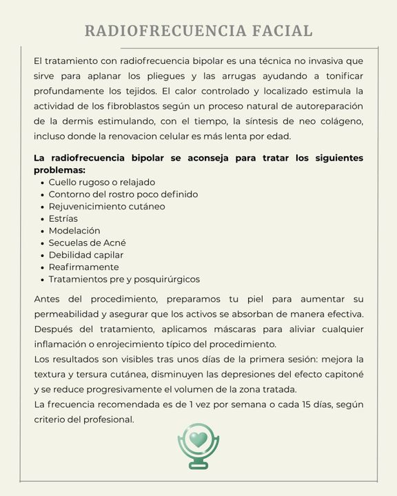 Folleto promocional de tratamientos faciales con radiofrecuencia. Enumera los beneficios y los detalles del procedimiento.