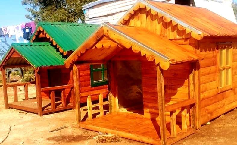 A group of wooden houses with green roofs available from Pets and the City in Pretoria East.