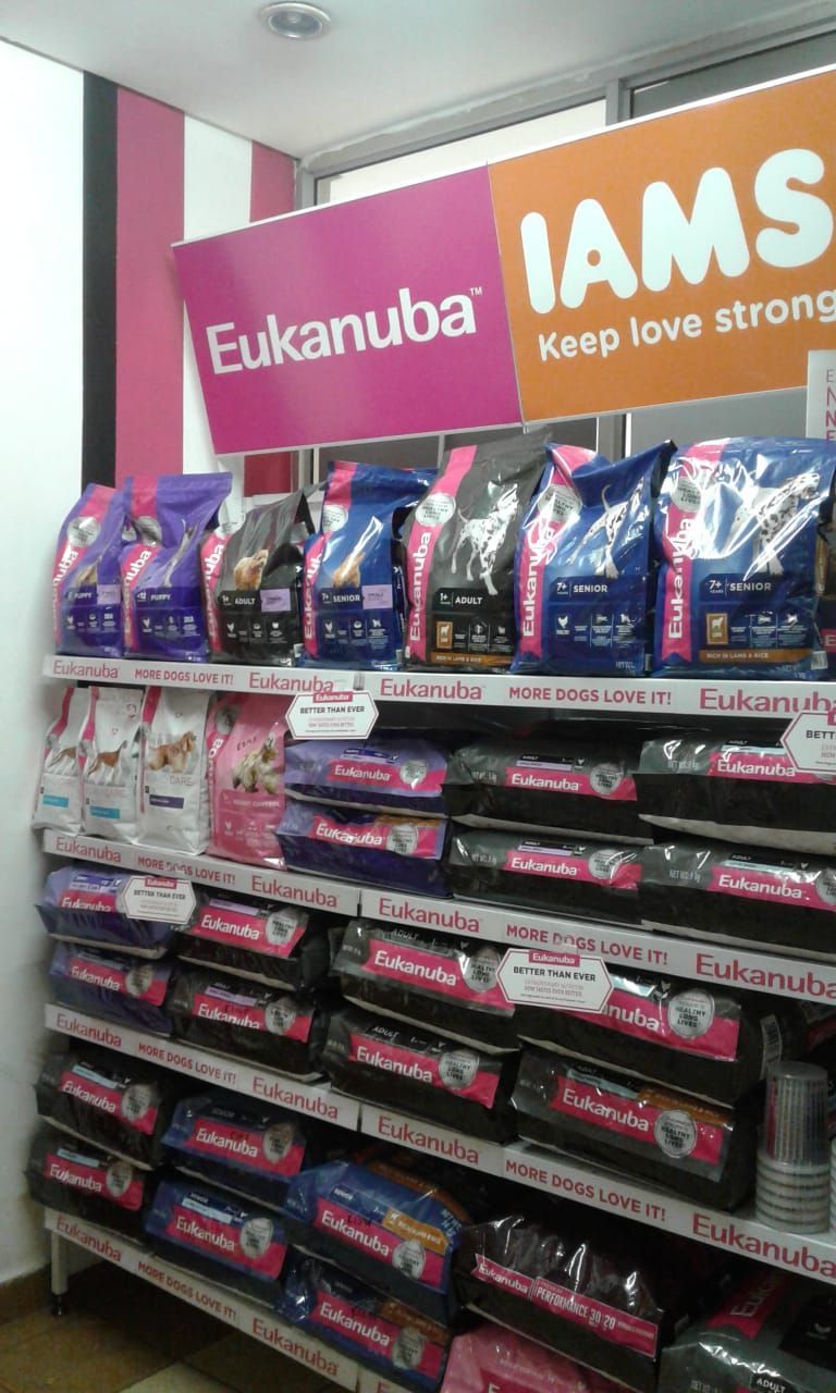 A display of Eukanuba and IAMS dog food in Pets and the City in Pretoria East.