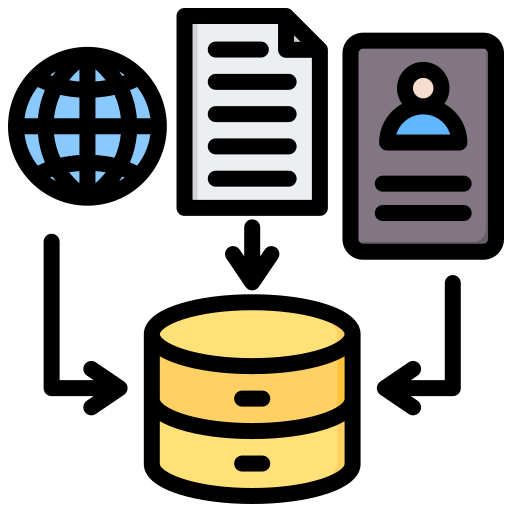 A database free icon with a stack of coins , a globe , a document , and a person.