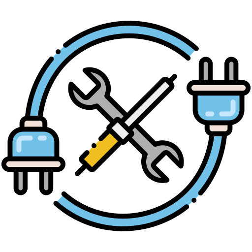 A wrench , screwdriver , and plug are crossed in a circle.