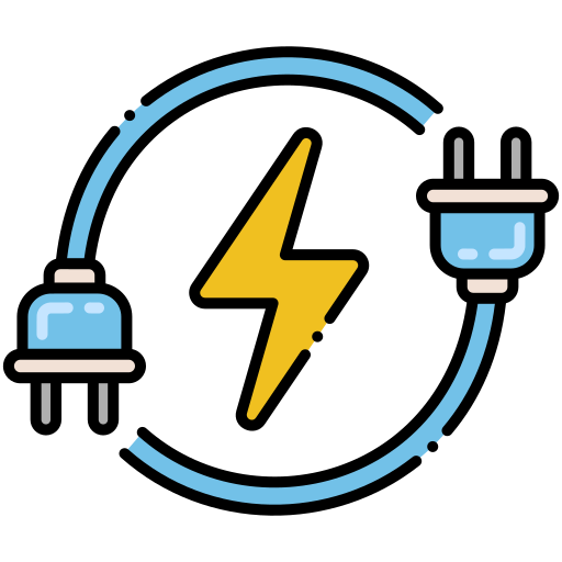 A lightning bolt is surrounded by two plugs in a circle.