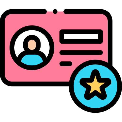 A pink id card with a person 's picture and a star in a blue circle.
