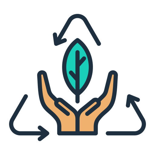 A pair of hands holding a leaf with arrows pointing in opposite directions.