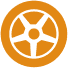 A white wheel in an orange circle on a white background.