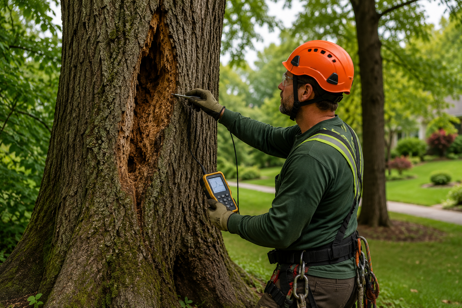Arborist inspecting a tree trunk with a handheld device in a park, wearing an orange helmet