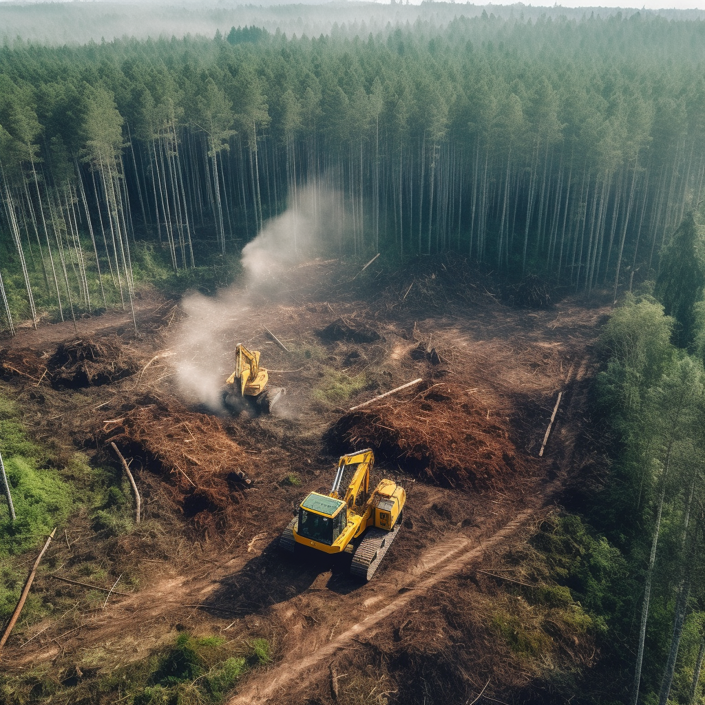 An aerial view of two bulldozers working in a forest
