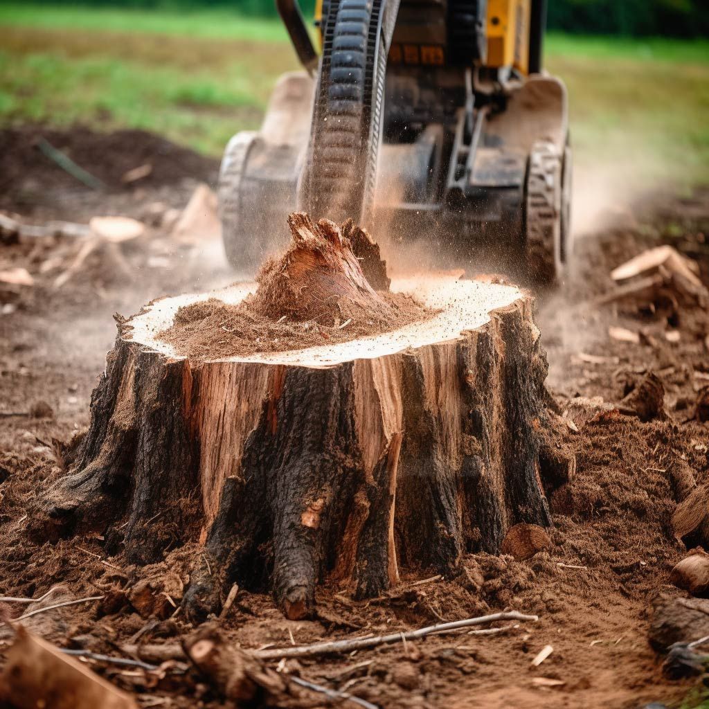 A tractor is cutting a tree stump in the dirt.