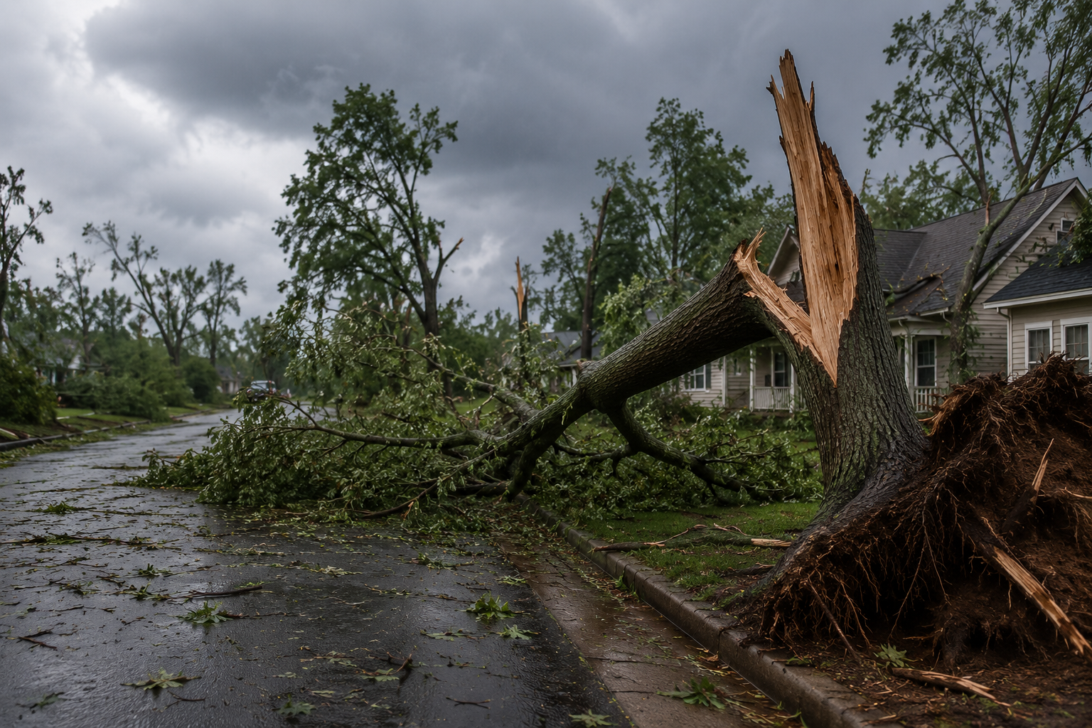 Storm damage blocks a wet road with fallen trees and broken branches beside a house.