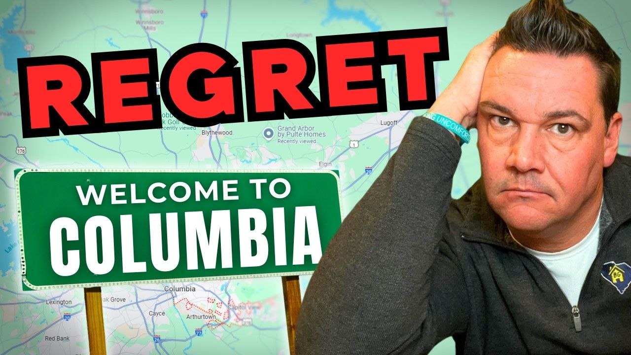 Man looking dejected with “REGRET” text overlay. “Welcome to Columbia” sign in background.