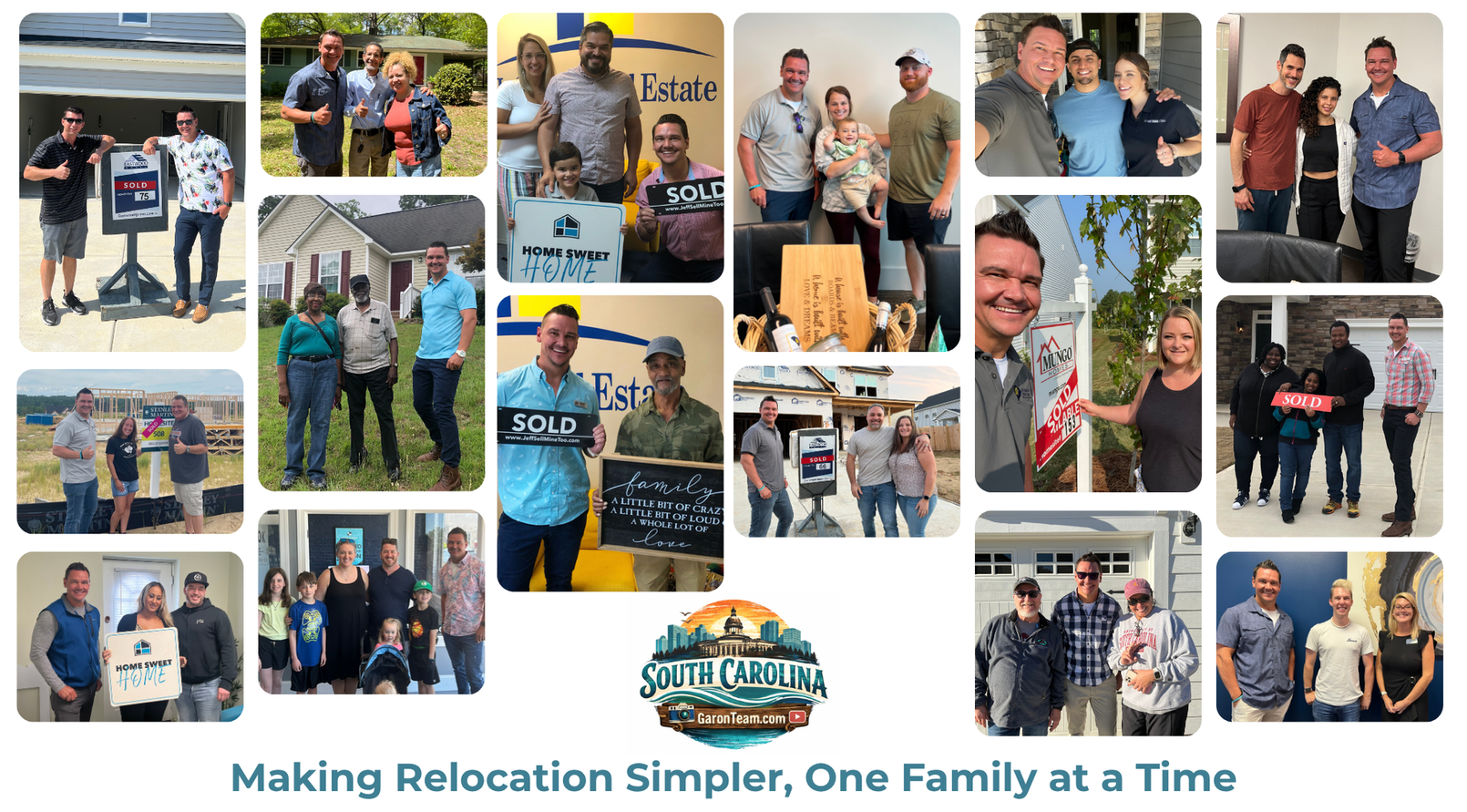 Collage of moving company customers and staff with a logo; tagline reads โMaking Relocation Simpler, One Family at a Timeโ