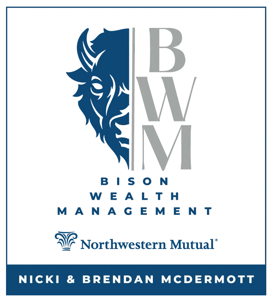 Bison Wealth Management logo with Northwestern Mutual branding, featuring a bison profile, stacked letters BWM, and names.