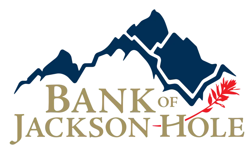 Logo for Bank of Jackson Hole featuring a blue mountain silhouette above text with a red decorative leaf element.