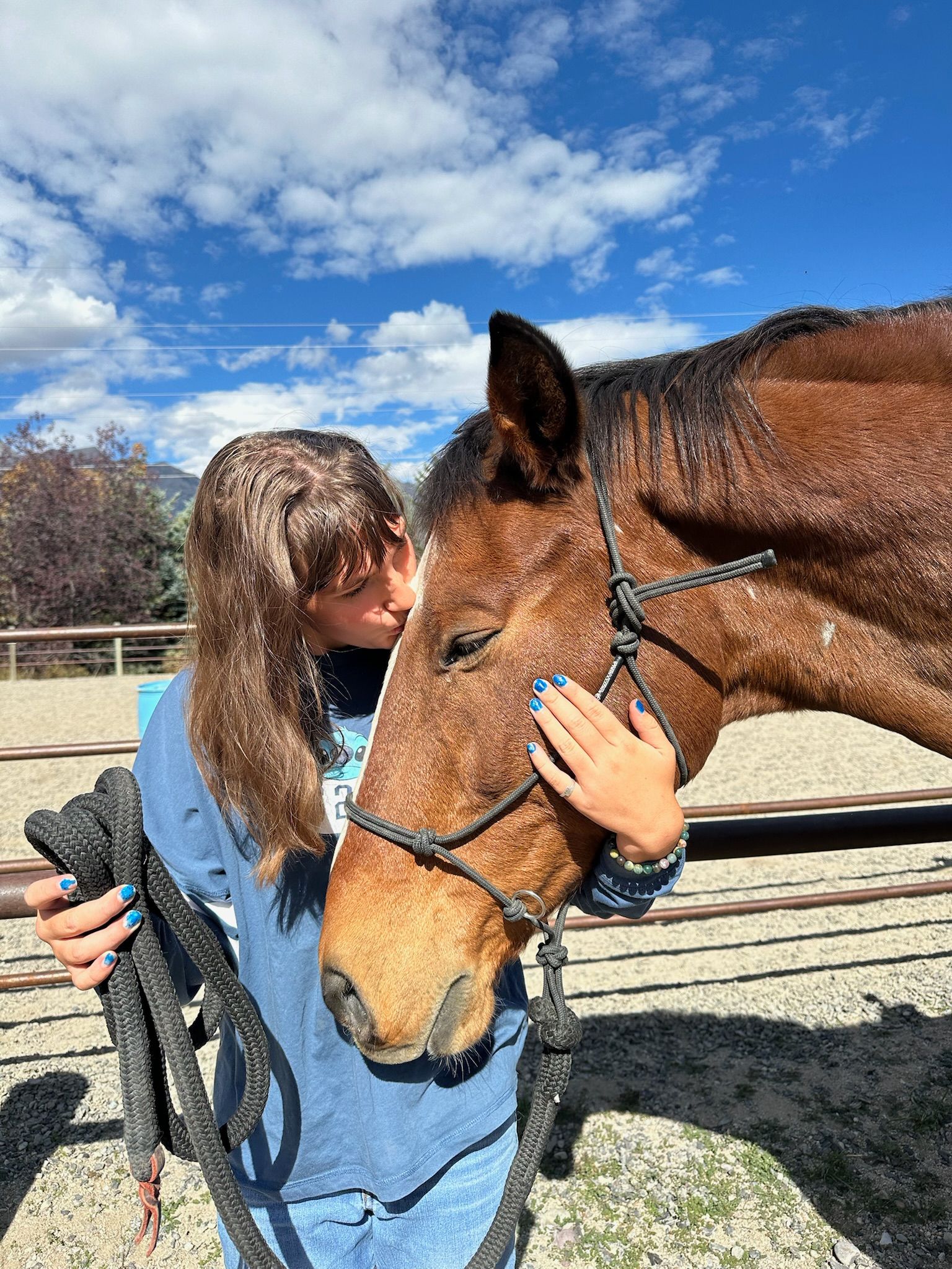 Woman on a brown horse riding down a path, seen from behind. Outdoors.