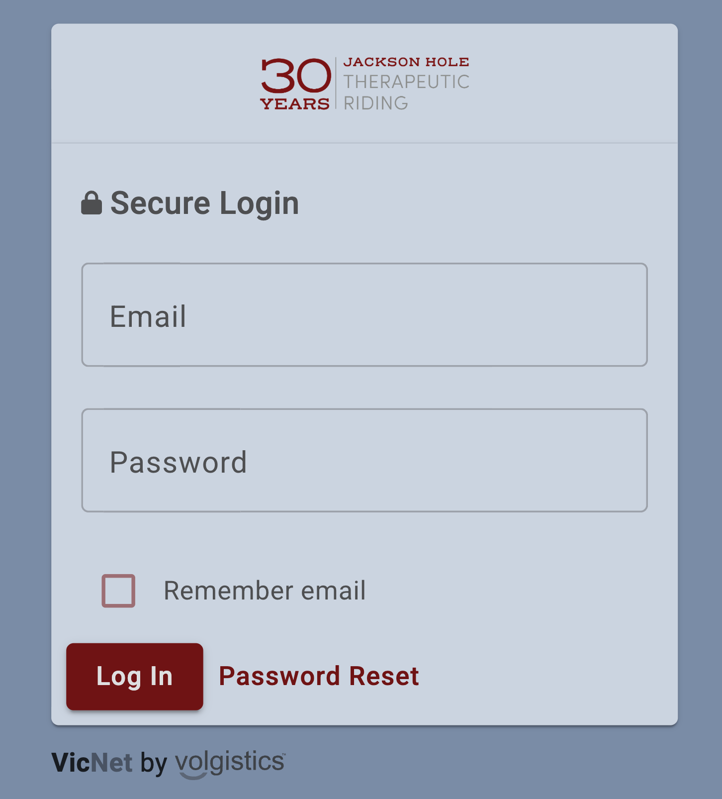 A secure login screen for Jackson Hole Therapeutic Riding, featuring fields for email, password, and a log in button.
