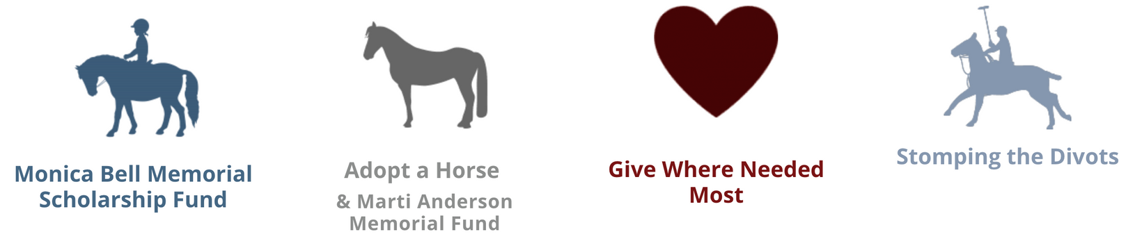 Four icons representing donation funds: two horse silhouettes with riders, one standing horse, and a heart.