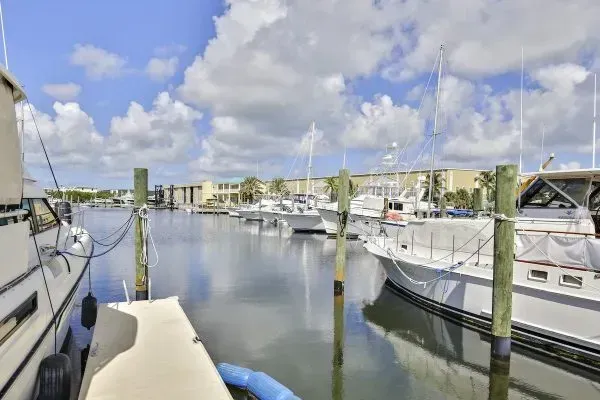 A row of white yachts docked at a marina under a bright blue sky with scattered clouds.