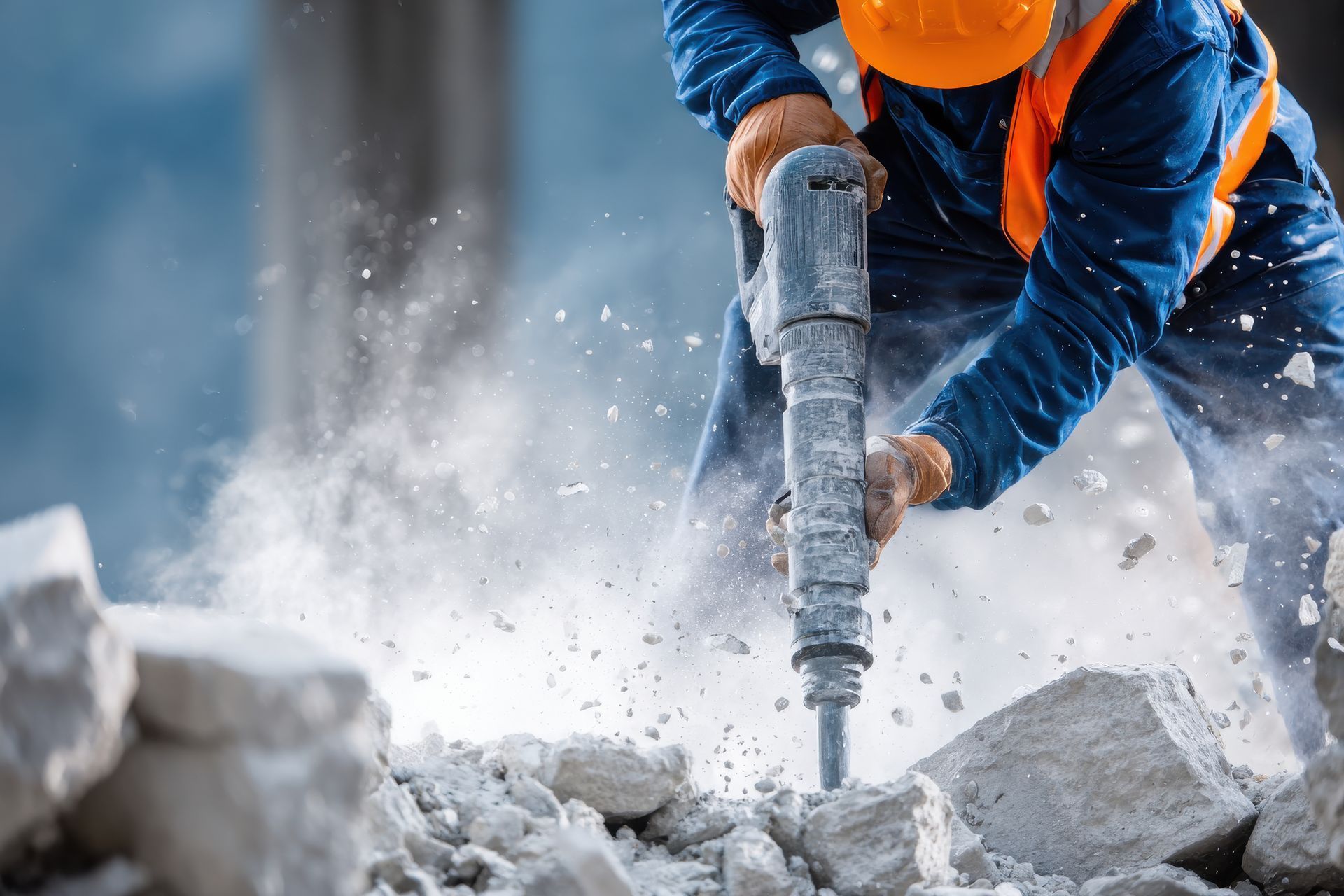 Construction worker in orange vest and hard hat using a jackhammer, breaking concrete.