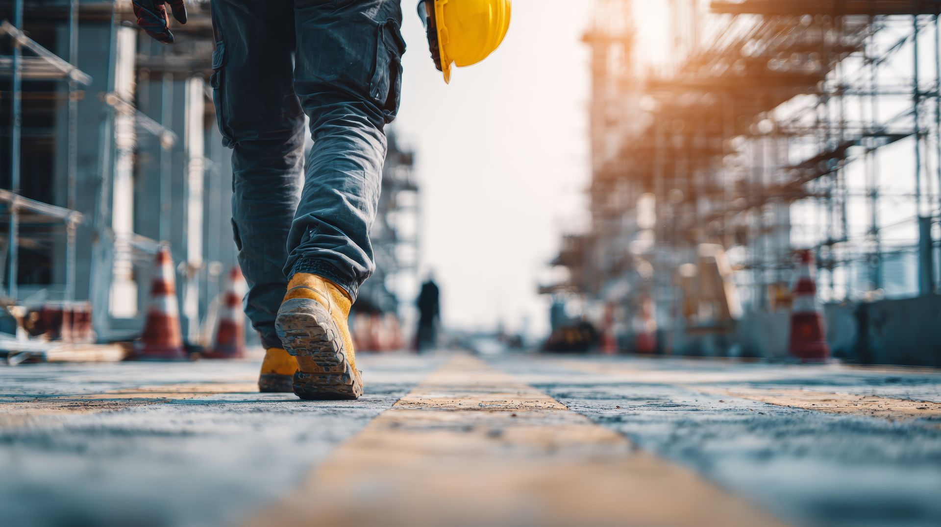 Construction worker walks toward building site, holding yellow hard hat, with sunlight.