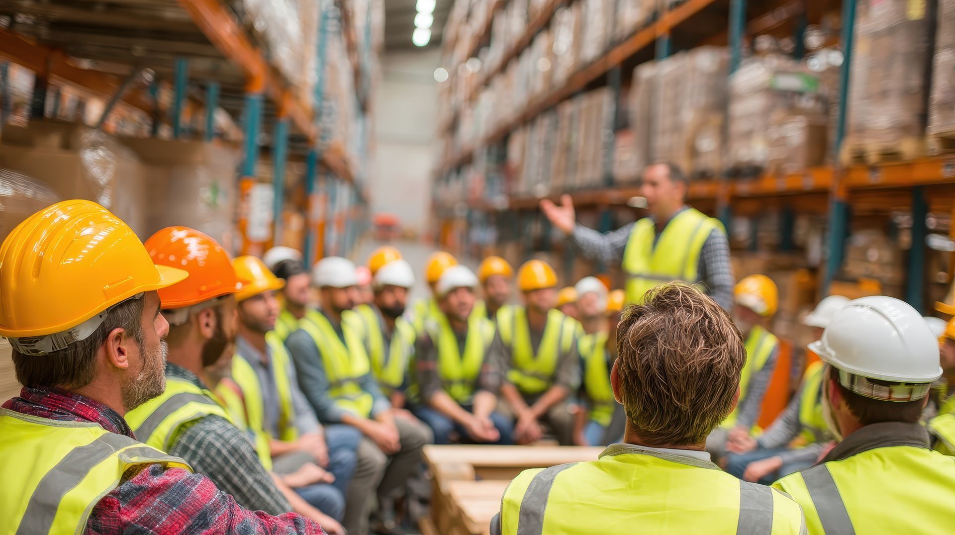 Warehouse workers in safety vests and hard hats listen to a man speaking during a meeting.