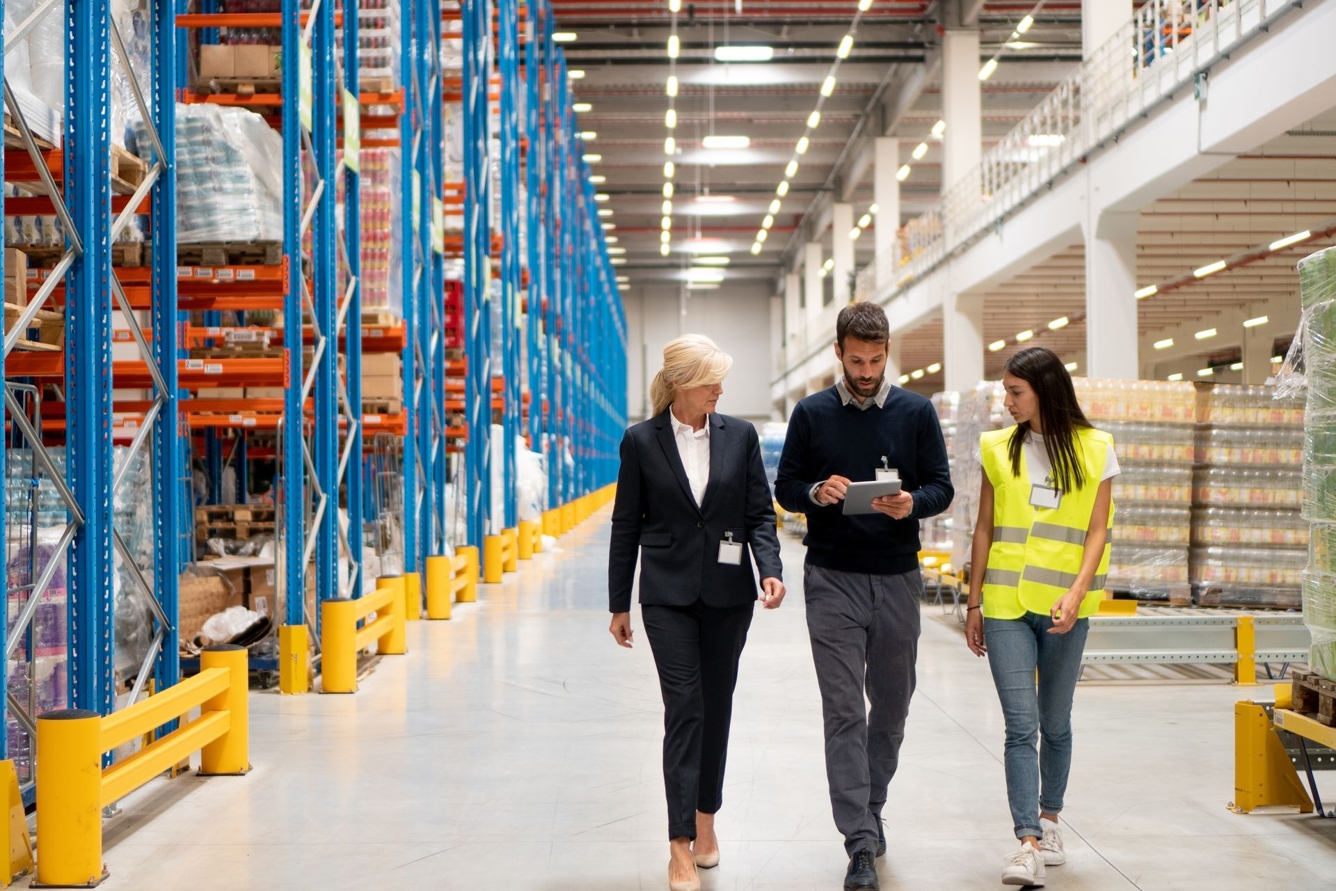 Three people walking in a warehouse aisle; discussing logistics, and wearing professional and safety attire.